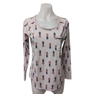 Love Hanna Size Small Pineapple Crew Neck Top Pink Cotton Pocket Long Sleeves